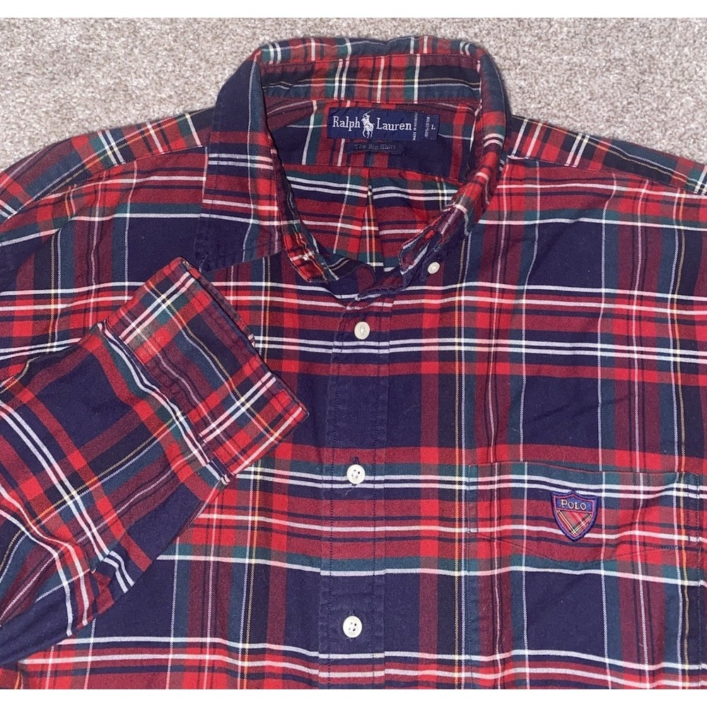 Polo Ralph Lauren Shirt Mens L Cotton Classic Fit Christmas Plaid Golf Logo - Picture 1 of 8
